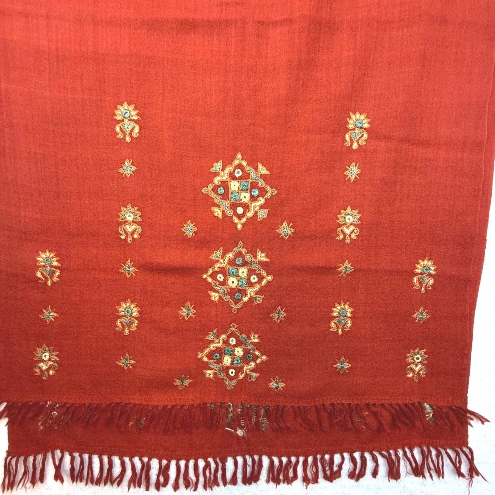 Rust‎ Red Embroidered Floral Fringed table runner Scarf Wrap Boho Artisan folk